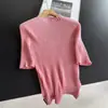 2026 Verão Fino Alta Elasticidade Gola Alta Manga Curta Malha Plissada Camiseta Top Curto Atacado H18FS98096