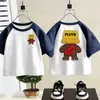 Camiseta de algodón puro para niños, manga corta, bloques de color 2026 verano, unisex, versátil, moderna, bloques de color, raglán, manga media, camiseta básica