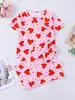 Camiseta de Verano Fina para Mujer Cuello Redondo Manga Corta Estampado de Corazón Conjunto para Estar en Casa Transpirable Cómodo Pijama Infantil Venta al por Mayor