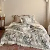 Conjunto de cama de luxo leve de quatro peças inspirado em pinturas a óleo estilo francês, capa de edredom de algodão de fibra longa acetinado de fio duplo 50 fios 1,8 m