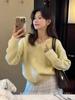 Suéter coreano de estilo perezoso con cuello en V y ribete de encaje para mujer, jersey suave y holgado para invierno, top de punto elegante