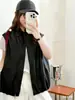 Colete de couro preto retro com gola alta e blocos de cor xadrez, de alta qualidade, sem mangas, para mulheres, jaqueta curta casual solta da primavera de 2026