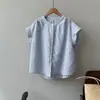 Camisa listrada de gola redonda e manga curta estilo japonês Nakashan Tongshu para mulheres, top simples, solto, versátil e único de verão 82302