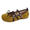Sapatos Femininos Estilo Retrô com Fivela Dupla Laço Bico Baixo 2026 Novos Sapatos Planos Versáteis Mary Jane Sapatilhas