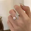 Anillo de oro real de 18k bañado con circonita y perla en forma de gota de agua, anillo de índice abierto de nicho de alta gama, anillo simple y versátil