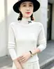 Nova camisa básica de malha com gola alta franzida e corte justo para outono e inverno de Andi Velvet para mulheres, suéter de manga comprida, top de tricô