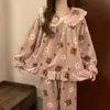 Pijama de Franela para Mujer, Estilo Otoño e Invierno, Forro Polar, Engrosado, Ropa de Casa Cálida, Adecuado para Usar Afuera, Conjunto de Manga Larga y Pantalón Largo Talla Grande para Mujer