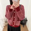 Jaqueta Cardigan de Tricô Tweed Listrado Simples Estilo Coreano, Manga Longa Feminina Outono e Inverno Novo, Caimento Solto, Blusa Suéter Color Block