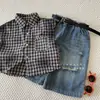 [Eu Sou uma Marca Infantil] Camisa Sem Manga Xadrez Estilo Coreano para Meninos e Meninas, Conjunto de Top com Gola Retro Respirável de Verão e Shorts