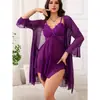 Comercio Exterior Transfronterizo Tallas Grandes Sexy Malla Encaje Camisón Femenino Transparente Bata Conjunto de Pijama