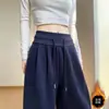 Calças femininas casuais de perna larga, em estilo americano, cintura alta, com forro de fleece espesso para outono e inverno, calças retas soltas e fluidas, da moda