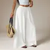 Transfronterizo europeo y americano 2026 nuevo modelo Xiyin comercio exterior ropa de mujer, color liso simple algodón-lino cintura elástica casual pantalones de pierna ancha