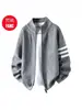 Cárdigan de Punto Holgado de Moda para Hombre, Nueva Chaqueta Suéter Rayada Roja de Otoño e Invierno, Suéter con Cremallera de Estilo Casual Perezoso