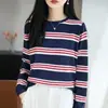 Suéter de Tricô Listrado de Algodão Puro para Mulheres, Estilo de Trajeto Transfronteiriço, Manga Longa, Caimento Solto, Emagrecimento, Versátil, Camiseta Básica Macia com Cores Contrastantes