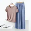 Conjunto de duas peças de modal fino para casa, estilo coreano de verão, solto e simples, top de manga curta com gola redonda com calça de cintura alta e perna larga