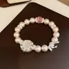 Pulseira de Rede Azul Dourada com Flor de Vidro Pérola Zircônia Brilhante Pulseira Elegante de Luxo Leve Joia de Mão Versátil da Moda