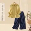 342 Conjunto#Cânhamo Algodão Linho Conjunto Completo Mulher Verão Camisa de Linho Calça de Perna Larga Casual Roupa de Mãe Conjunto de Duas Peças