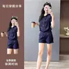 Conjunto de dos piezas de estilo casual de manga corta en color azul oscuro, ajustado, nuevo estilo de verano 2025 para mujer