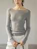 Top de punto de lana estilo francés con hombros descubiertos y mangas largas para mujer, camisa básica de otoño, top azul de hombros descubiertos
