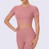 Camiseta de yoga para mujer, transpirable, absorbente de sudor, manga corta, spandex, corte ajustado, longitud corta, top de fitness fresco y de secado rápido