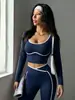 Traje deportivo bicolor para mujer, otoño, hecho a medida, conjunto de yoga de manga larga con cuello en U y espalda bonita, conjunto de dos piezas de fitness de cintura alta que levanta el trasero