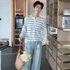 Suéter de punto con cuello Henley, jersey de manga larga a rayas hueco para hombre, estilo fino de otoño e invierno, venta al por mayor de fábrica transfronteriza
