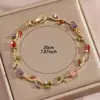 Pulseira de Flor em Cobre com Folha de Zircônio Colorido, Feminina e Versátil, Joia de Luxo Leve, Joia Artesanal de Alta Qualidade
