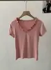 Camiseta Omalai de Manga Curta com Gola V e Babados para Mulheres 2026 Nova Coleção Primavera/Verão Slim Fit Versátil 6435