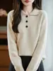 Suéter de Lana 100% Peso Pesado Suéter de Lana Polo Engrosado para Mujer Tres Botones Retro Holgado Versátil Top