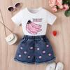 Conjunto de Roupa Infantil Europeia e Americana Transfronteiriça para Meninas, Conjunto de Duas Peças com Suéter Liso de Manga Curta e Shorts Jeans com Franjas para o Verão, Roupa Infantil Tendência