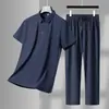 Traje de Polo sin Costuras de Seda Helada Fresca de Verano para Hombres Ropa para Padres de Mediana Edad y Mayores Casual de Negocios Pantalones Cortos de Manga Corta Dos