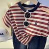 Camiseta de Manga Corta para Niños 2025 Verano Nuevo Rayada para Niña para Niño Bebé Verano Estilo Occidental Top Casual Algodón