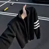 Suéter Cárdigan de Punto de Tres Barras Americano para Hombre Otoño Corte Limpio Sensación de Alta Gama Estilo Perezoso Chaqueta Abrigo con Cremallera