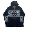 Chaqueta de Punto con Capucha Jacquard Calavera Gótica Oscura Y2K Retro Americano Cremallera Union Jack Suéter Holgado
