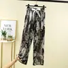 Calça de Perna Larga com Estampa de Tinta Feminina Verão Fina Guoxi Solta Emagrecimento Vertical Cintura Alta Casual Tie-Dye Reta