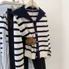 Cárdigan de Punto Rayas Cuello Azul Marino para Mujer 2025 Otoño e Invierno Estilo Preppy Prendas de Punto de Alta Gama Chaqueta de Lana Punto