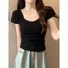 Camiseta de Punto de Seda Helada de Cuello Cuadrado y Manga Corta para Mujer, Verano, Nuevo Estilo Occidental, Reductora de Edad, Delgada, Ajustada, Adelgazante, Top de Moda
