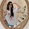 Camiseta de Algodão Puro Pesado com Estampa de Gato para Mulheres, Nova Coleção Verão 2026 Estilo Coreano Casual de Comprimento Médio Solta de Manga Curta Preta