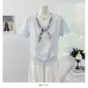 Cachecol de Seda Fino com Decote V Estilo Coreano, Tricô de Manga Curta, Novo Design Verão 2026, Blusa Solta de Linho de Bambu para Mulheres