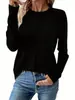 2025 Nova Camiseta Feminina Amazon Cross-Border Cor Lisa Moda Casual Gola Redonda Malha Plissada Manga Longa para Mulheres