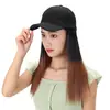 Sombrero negro sintético con peluca de cabello lacio medio-largo, realista y moderno, integrado con mechas, gorra de béisbol con cabello medio-largo, venta al por mayor