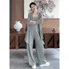 Conjunto de atuendo para principios de otoño para mujer, cárdigan casual de manga larga estilo coreano, top de tirantes, pantalones de pierna ancha conjunto de tres piezas