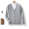 Nuevo cárdigan de lana pura para otoño e invierno para hombre, suéter de punto con cuello en V, cárdigan de cachemira holgado para usar como prenda exterior