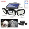 Luz de parede solar doméstica super brilhante, 74 LEDs, três cabeças rotativas, à prova d'água para exterior, com sensor de movimento, poste de luz para jardim