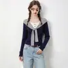Camiseta de manga larga azul oscuro tipo dos piezas para mujer, chal a rayas, top base ajustado