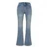 Novas calças compridas de outono de cintura alta, que cobrem o quadril, afinam a silhueta, elásticas e flare para mulheres, jeans azul estilo retro americano com microflare, calças casuais