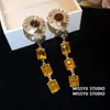 ¡Cristal del Atardecer! Pendientes de Borla Redondos y Cuadrados con Tachuelas de Diamante, Pendientes Sencillos y Elegantes con Diseño Exquisito y Versátil para Mujer