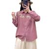 Primavera 2025 bordado flor hilo de algodón doble camisa mujer holgada combinable todo con manga larga cárdigan top venta al por mayor