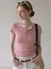 Camiseta de dos piezas estilo francés, color contrastante, cuello henley, manga corta para mujer, diseño de verano, corte ajustado, favorecedora, top tipo camiseta con hombro normal