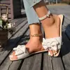 Sandalias Planas de Tela Rayada con Lazo para Mujer, Punta Cuadrada, Chanclas para Exteriores, Pantuflas de Playa
